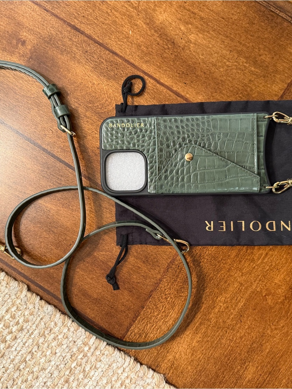 Bandolier Olive Green Croc-Embossed Leather Crossbody Phone Case with Strap